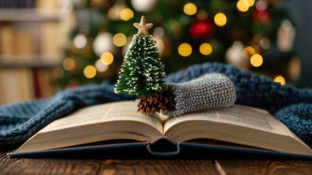 A cozy winter scene featuring an open book with a miniature Christmas tree and a knitted muff on a wooden table, evoking holiday warmth and joy.の素材