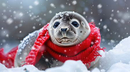 A charming baby seal wearing a bright red scarf captures the essence of winter. Surrounded by falling snowflakes, it embodies cuteness and tranquility.の素材
