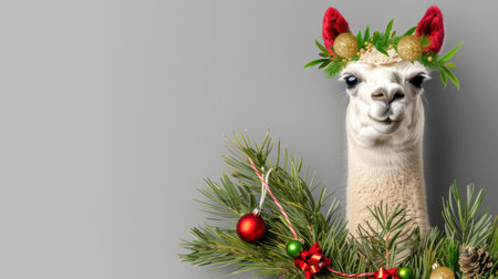 This delightful image features a cheerful alpaca adorned with a festive crown, showcasing a warm smile and surrounded by colorful holiday decorations.の素材