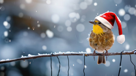A delightful bird wearing a festive Santa hat perches on a branch amidst gently falling snow, encapsulating the joyful spirit of winter holidays in nature.の素材