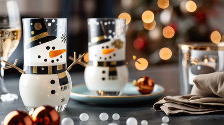 This delightful image features whimsical snowman glasses surrounded by holiday decor and a warm bokeh background, perfect for festive celebrations.の素材