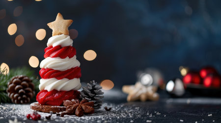 A delightful dessert tower featuring layers of whipped cream draped in red and topped with a gingerbread star, evoking the spirit of Christmas.の素材