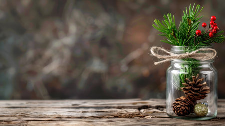 A charming glass jar filled with pinecones, greenery, and festive red berries sits elegantly on a rustic wooden surface, perfect for holiday decor.の素材