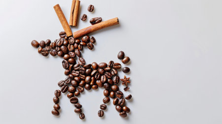 This captivating image features a creative arrangement of coffee beans and spices, forming a playful reindeer shape, ideal for festive themes and culinary art.の素材