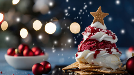 A beautifully decorated Christmas dessert featuring a towering scoop of ice cream topped with whipped cream and a star-shaped cookie, set against a backdrop of twinkling holiday lights and ornaments. Perfect for festive celebrations!の素材