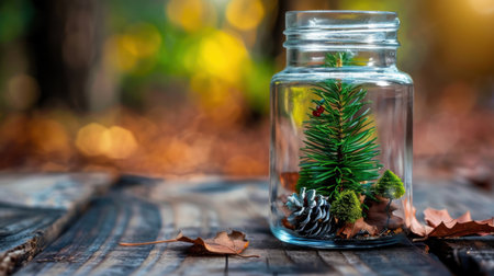 This enchanting miniature scene features a pine tree housed in a glass jar, surrounded by pine cones and autumn leaves. The warm light enhances the cozy ambiance, perfect for seasonal decor.の素材