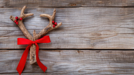This rustic holiday decor features natural antlers adorned with red berries and a vibrant bow, set against a wooden background, perfect for festive celebrations.の素材