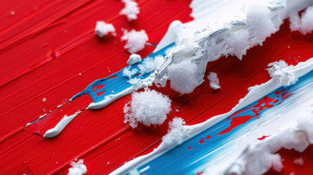 This close-up image showcases a vibrant and dynamic abstract paint texture featuring bold red, white, and blue tones with intricate details.の素材