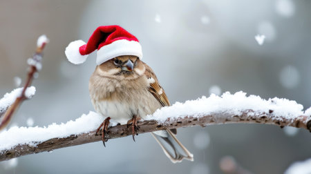 This whimsical image features a cute bird wearing a Santa hat while perched on a snow-covered branch, creating a festive winter scene. Snow gently falls around the bird, showcasing the beauty of nature during the holiday season.の素材