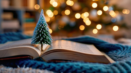 A cozy reading scene featuring an open book with a miniature Christmas tree perched on its pages, set against a backdrop of blurred holiday lights, evoking warmth and festive joy.の素材