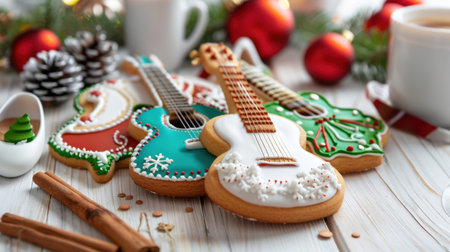 A delightful arrangement of holiday-themed cookies shaped like guitars and ornaments, perfect for festive celebrations. Enjoy a sweet treat that brings joy and creativity to holiday baking moments.の素材