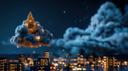 A whimsical scene of a floating Christmas tree atop a cloud above a vibrant city at night, radiating warm lights and festive cheer.の素材