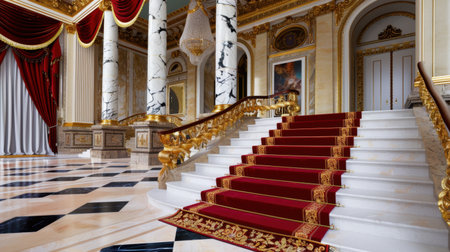 This stunning palace interior features a grand staircase adorned with a red carpet, elegant marble columns, and exquisite decor, showcasing timeless luxury.の素材