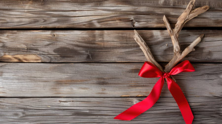 This image features a rustic decoration showcasing twigs tied with a red ribbon on a weathered wooden background. Perfect for holiday or seasonal crafts.の素材