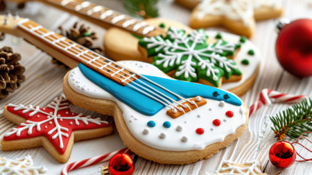 A charming arrangement of holiday-themed cookies shaped like guitars, snowflakes, and stars, capturing the essence of seasonal celebrations with vibrant colors.の素材