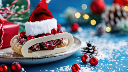 A delightful Christmas dessert featuring a charming Santa hat and decorative elements, set against a cheerful blue background, perfect for holiday joy.の素材