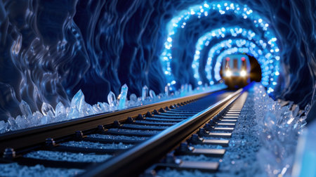 A stunning visual of a crystal tunnel adorned with glowing lights and train tracks. This enchanting scene evokes feelings of mystery and adventure.の素材