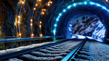 A captivating view of train tracks stretching through a beautifully lighted tunnel, framed by rocky walls, creating an inviting atmosphere for exploration.の素材