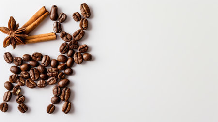 This creative arrangement features coffee beans and spices arranged to form a deer silhouette, perfect for festive decor or culinary art.の素材