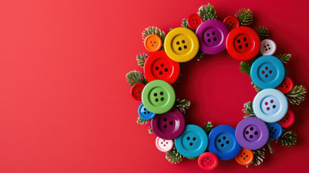 A vibrant wreath crafted from assorted buttons in various colors, complemented by foliage against a bold red backdrop, perfect for festive decor.の素材