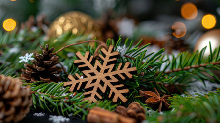 A beautifully arranged holiday scene featuring a wooden snowflake ornament nestled among pine branches and pinecones, evoking warmth and festive cheer.の素材