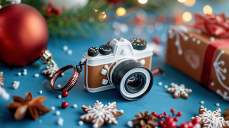 A charming decoration of a colorful camera surrounded by holiday elements, representing the festive spirit and joy of the winter season.の素材