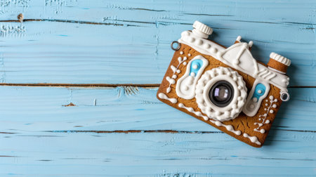This creative gingerbread camera decoration showcases sweet icing details on a light blue wooden surface, perfect for festive photography themes and culinary art.の素材