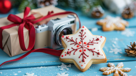 A beautifully decorated snowflake cookie beside a vintage camera and festive gift illustrates a cozy holiday atmosphere perfect for seasonal celebrations.の素材