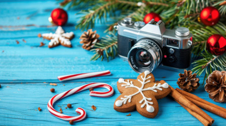 A charming festive arrangement featuring a vintage camera, gingerbread cookies, candy canes, Christmas ornaments, and seasonal decorations set on a blue wooden table.の素材