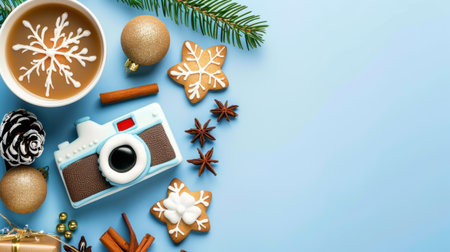 A cozy winter arrangement featuring a cup of hot beverage, festive cookies, and charming holiday decorations, perfect for seasonal celebrations.の素材