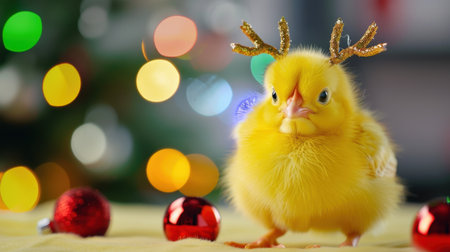 This delightful image features a charming yellow chick adorned with decorative antlers, set against a soft bokeh backdrop filled with festive colors and shiny ornaments.の素材