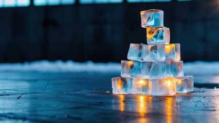 This artistic photo features a pyramid of ice cubes illuminated by warm lights, creating an intriguing contrast between cold and warmth, perfect for winter themes.の素材