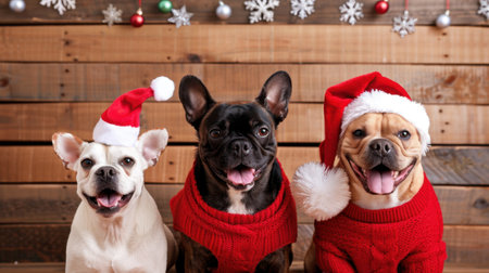 Three joyful dogs dressed in festive Christmas hats and red sweaters pose together in a cozy indoor setting adorned with holiday decorations.の素材