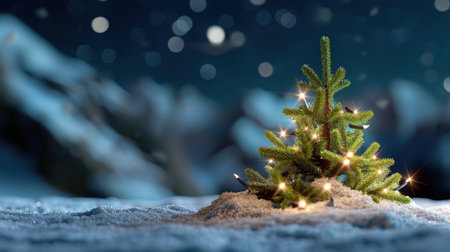 A charming small Christmas tree adorned with lights stands on sparkling snow, creating a serene and enchanting winter night atmosphere.の素材