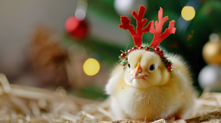 This captivating image features a fluffy yellow chick adorned with festive antlers, evoking the cheerful spirit of Christmas among beautiful seasonal decorations.の素材