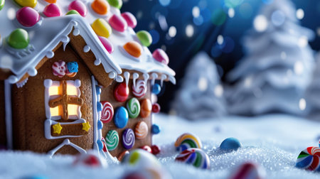 A charming gingerbread house adorned with vibrant candy and surrounded by a snowy landscape creates a magical winter scene, perfect for festive inspiration.の素材