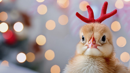 This charming close-up image features a cute chick with red antlers, set against a backdrop of soft, festive bokeh lights. Perfect for holiday themes.の素材