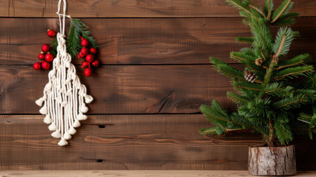 A charming rustic setup featuring a handmade macrame ornament and a small Christmas tree against a wooden background, perfect for holiday inspiration.の素材