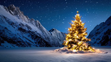 A breathtaking scene featuring a beautifully decorated Christmas tree glowing under a clear starry sky, framed by majestic snowy mountains.の素材