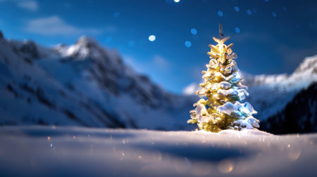 A captivating snow-covered Christmas tree stands proudly among magnificent snowcapped mountains beneath a starry night sky, evoking a magical winter wonderland.の素材
