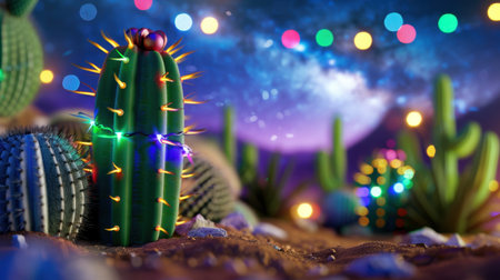A vibrant cactus adorned with colorful lights shines against a starry night sky, creating a magical desert scene filled with charm and tranquility.の素材