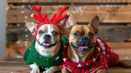 Two joyful dogs wearing colorful Christmas sweaters and festive antlers sit side by side, showcasing their playful spirits against a rustic wooden background.の素材