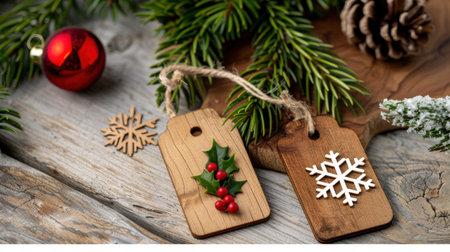 This cozy holiday scene features wooden Christmas tags decorated with pine branches and berries, surrounded by seasonal elements on a rustic wood background.の素材