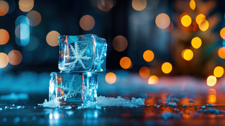Two ice cubes display intricate snowflake patterns, set against a softly blurred background of warm decorative lights, evoking a cozy winter ambiance.の素材