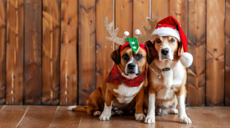 Two charming dogs dressed in festive attire, featuring reindeer antlers and Santa hats, pose together in front of a rustic wooden backdrop.の素材
