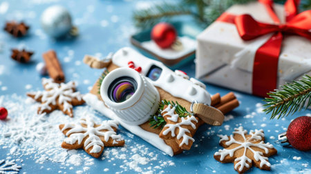 A vibrant winter scene showcasing a camera crafted from gingerbread, surrounded by festive decorations, sweets, and a beautifully wrapped gift on a blue tabletop.の素材
