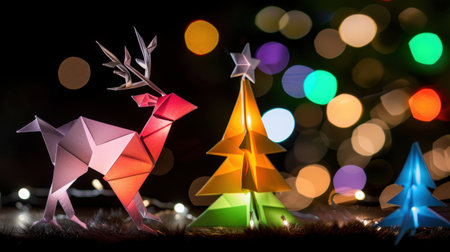 A vibrant display of origami art featuring a colorful reindeer and a Christmas tree, enhanced by a beautiful bokeh background filled with festive lights.の素材
