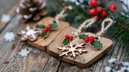 A beautiful arrangement of rustic wooden Christmas decorations featuring snowflakes, holly leaves, and red berries, perfect for holiday decor.の素材