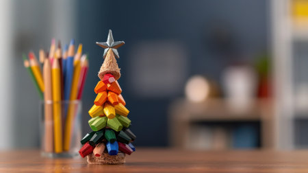 A charming handmade tree crafted from colorful pencils sits on a wooden table, surrounded by art supplies. Perfect for festive creative projects!の素材