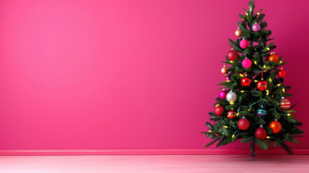 A beautifully decorated Christmas tree stands elegantly against a vibrant pink wall, showcasing colorful ornaments and warm lights, perfect for festive decor.の素材